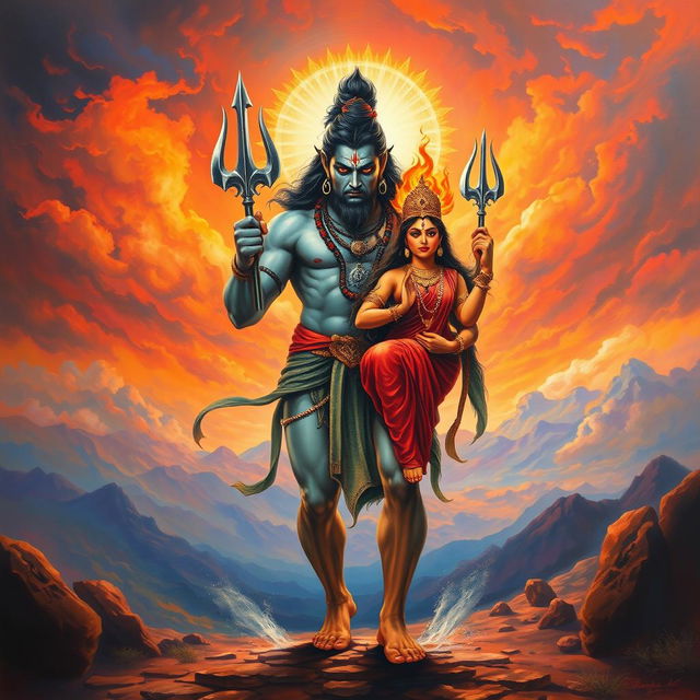 A vivid and dynamic painting of Mahadev Shiv, depicted as a powerful figure with a muscular build, walking through an ethereal landscape