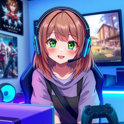 An anime-style gamer girl with medium-length brown and blonde ombre hair, vibrant green eyes, wearing stylish gaming headphones and a trendy casual outfit