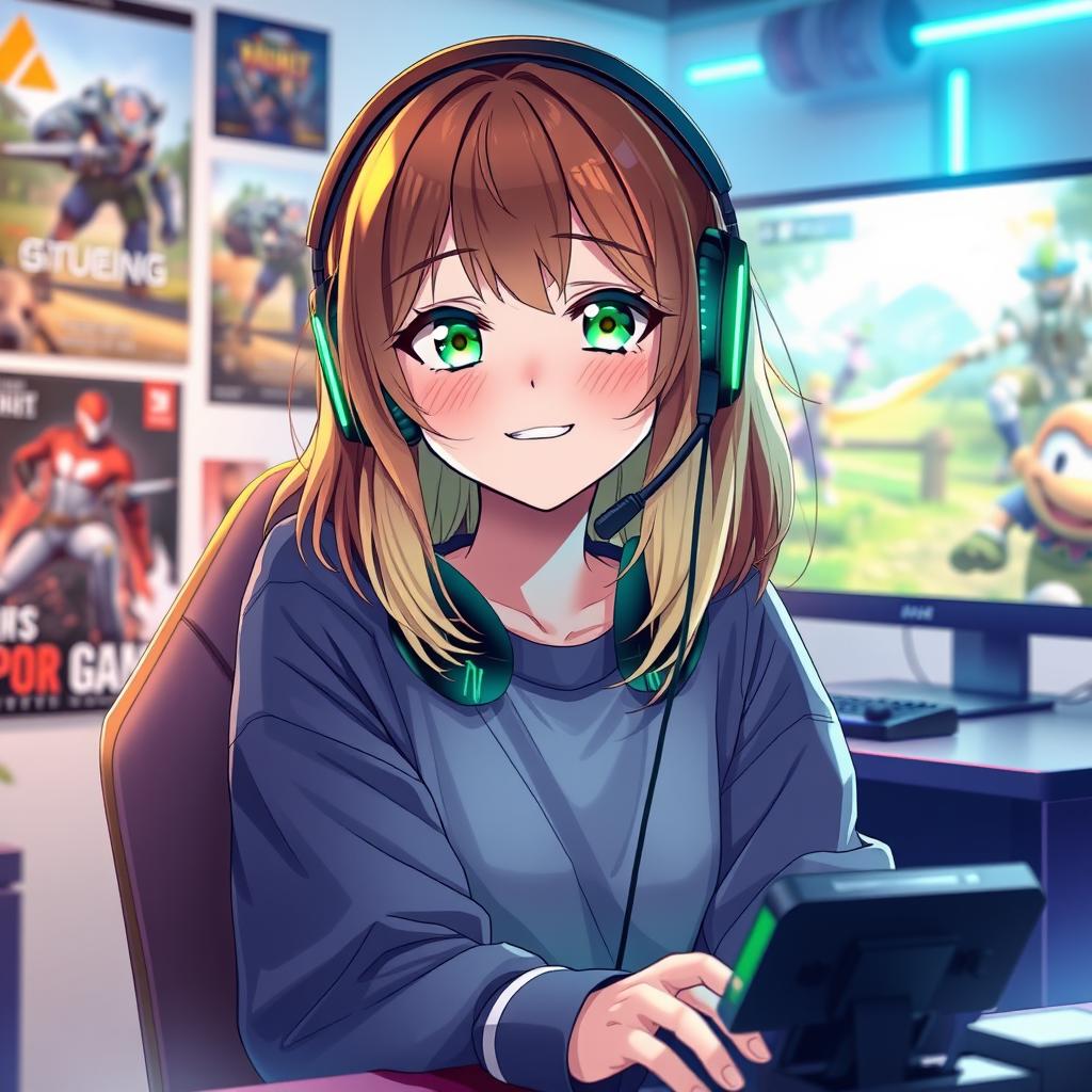 An anime-style gamer girl with medium-length brown and blonde ombre hair, vibrant green eyes, wearing stylish gaming headphones and a trendy casual outfit