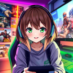 An anime-style gamer girl with medium-length brown and blonde ombre hair, vibrant green eyes, wearing stylish gaming headphones and a trendy casual outfit
