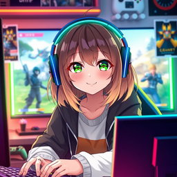 An anime-style gamer girl with medium-length brown and blonde ombre hair, vibrant green eyes, wearing stylish gaming headphones and a trendy casual outfit