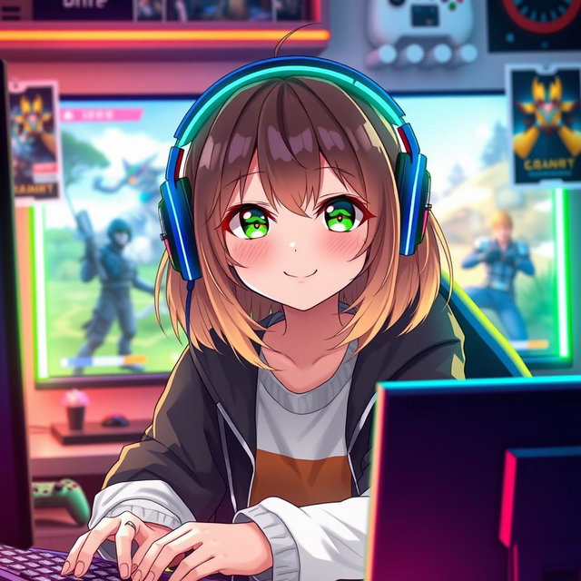 An anime-style gamer girl with medium-length brown and blonde ombre hair, vibrant green eyes, wearing stylish gaming headphones and a trendy casual outfit