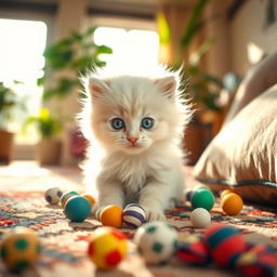 A cute and fluffy little kitten, with bright blue eyes and soft, fluffy fur; the kitten is playfully sitting on a colorful rug surrounded by small toys