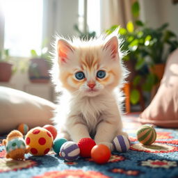 A cute and fluffy little kitten, with bright blue eyes and soft, fluffy fur; the kitten is playfully sitting on a colorful rug surrounded by small toys