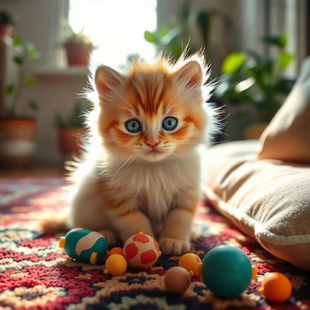 A cute and fluffy little kitten, with bright blue eyes and soft, fluffy fur; the kitten is playfully sitting on a colorful rug surrounded by small toys