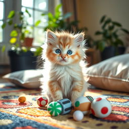 A cute and fluffy little kitten, with bright blue eyes and soft, fluffy fur; the kitten is playfully sitting on a colorful rug surrounded by small toys