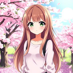 An anime girl with a beautiful blend of brown and blonde hair, cascading down her shoulders with a silky texture