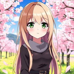 An anime girl with a beautiful blend of brown and blonde hair, cascading down her shoulders with a silky texture