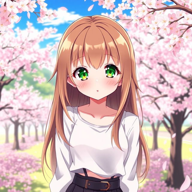 An anime girl with a beautiful blend of brown and blonde hair, cascading down her shoulders with a silky texture