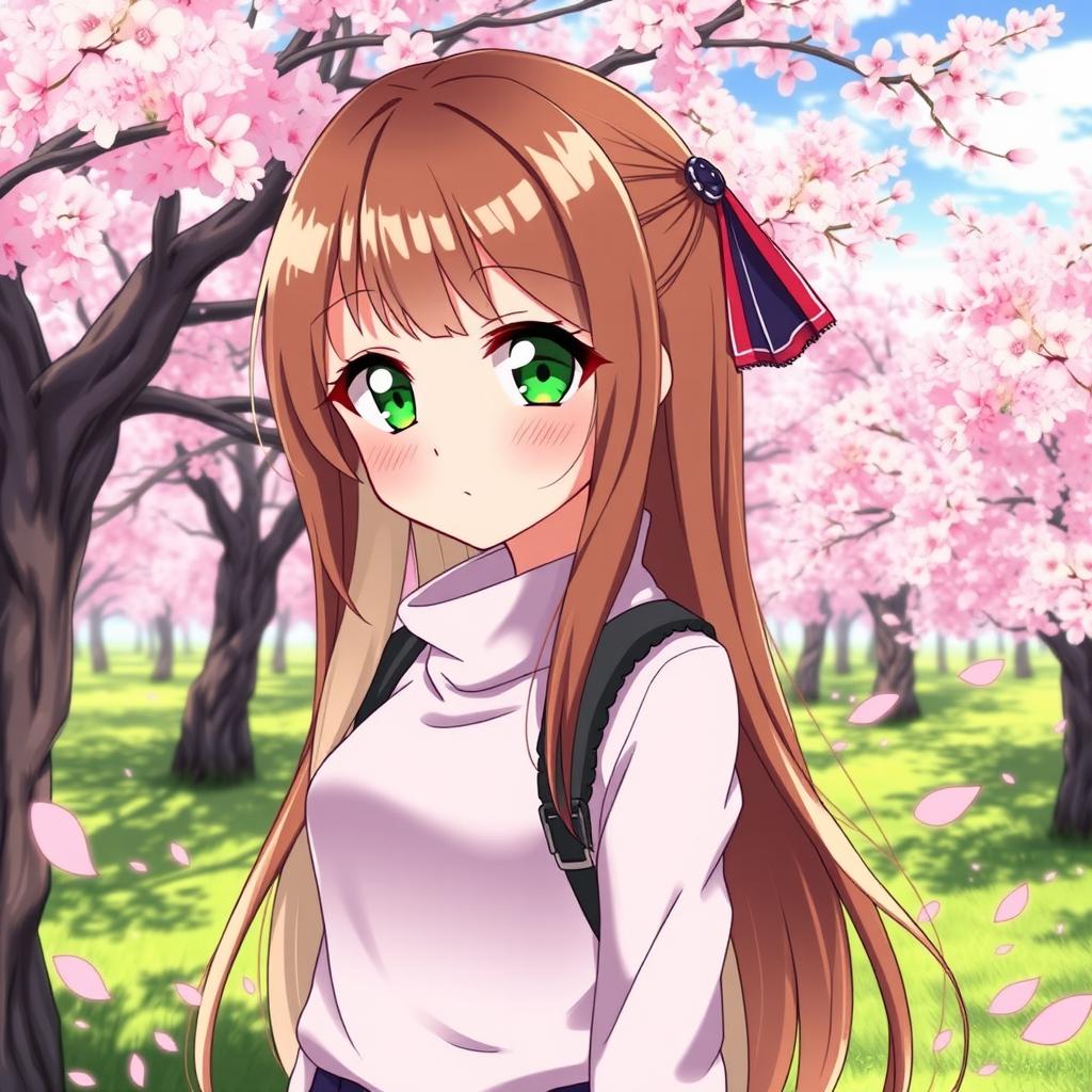 An anime girl with a beautiful blend of brown and blonde hair, cascading down her shoulders with a silky texture