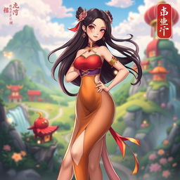 A captivating and alluring character from a stylized donghua (Chinese animation), featuring an elegant young woman with long flowing hair, dressed in a vibrant, form-fitting outfit that highlights her curves