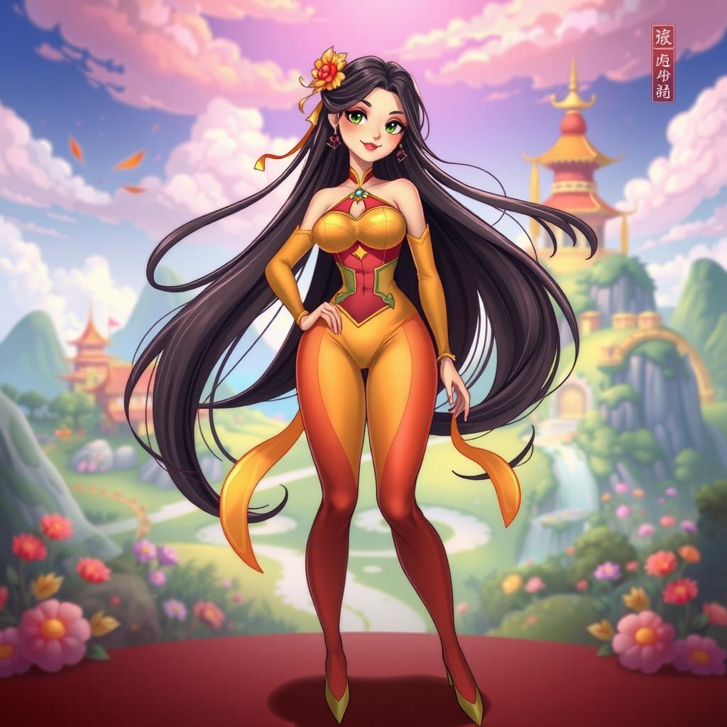 A captivating and alluring character from a stylized donghua (Chinese animation), featuring an elegant young woman with long flowing hair, dressed in a vibrant, form-fitting outfit that highlights her curves