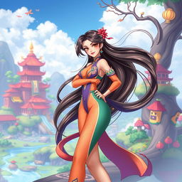 A captivating and alluring character from a stylized donghua (Chinese animation), featuring an elegant young woman with long flowing hair, dressed in a vibrant, form-fitting outfit that highlights her curves