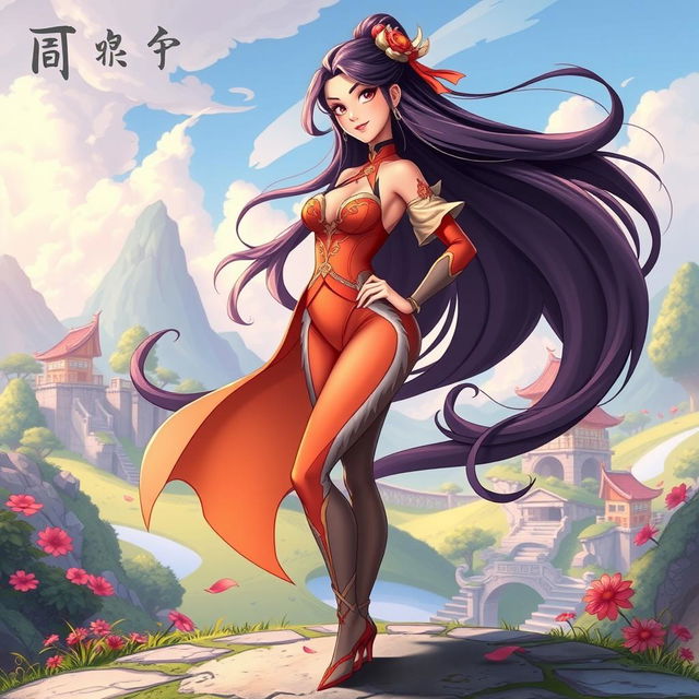 A captivating and alluring character from a stylized donghua (Chinese animation), featuring an elegant young woman with long flowing hair, dressed in a vibrant, form-fitting outfit that highlights her curves