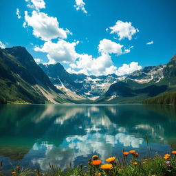 A breathtaking landscape featuring a serene lake surrounded by towering mountains under a bright blue sky