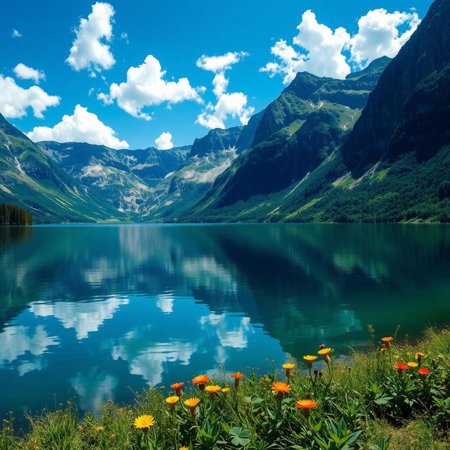 A breathtaking landscape featuring a serene lake surrounded by towering mountains under a bright blue sky