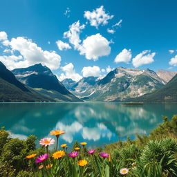 A breathtaking landscape featuring a serene lake surrounded by towering mountains under a bright blue sky