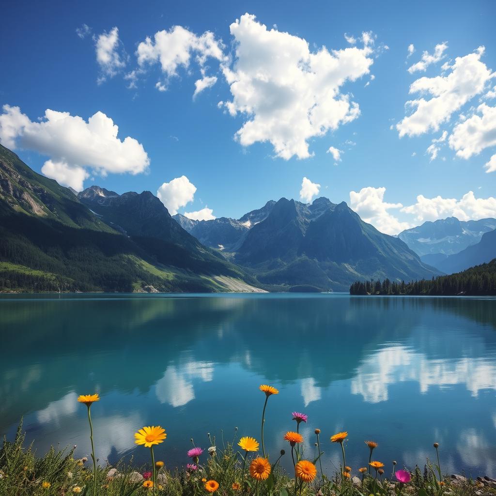 A breathtaking landscape featuring a serene lake surrounded by towering mountains under a bright blue sky