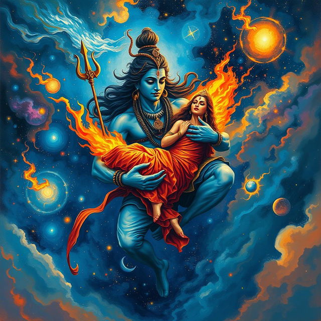 A powerful and dramatic scene depicting Lord Shiva carrying the burning body of Mata Sati across the vastness of the universe