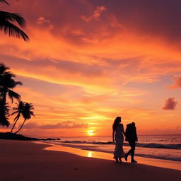 A breathtaking sunset over a serene beach, the sky ablaze with hues of orange, pink, and purple