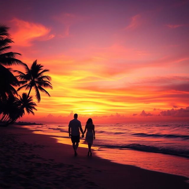 A breathtaking sunset over a serene beach, the sky ablaze with hues of orange, pink, and purple