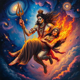 A dramatic and mystical scene depicting Shiva, the Hindu god, carrying the burning body of Mata Sati through the cosmos