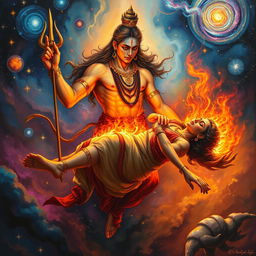 A dramatic and mystical scene depicting Shiva, the Hindu god, carrying the burning body of Mata Sati through the cosmos