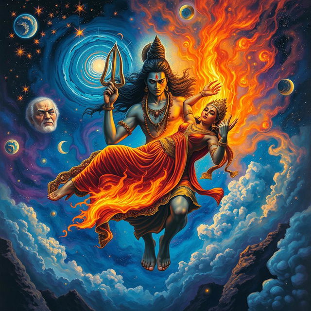 A dramatic and mystical scene depicting Shiva, the Hindu god, carrying the burning body of Mata Sati through the cosmos