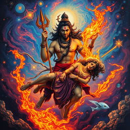 A dramatic and mystical scene depicting Shiva, the Hindu god, carrying the burning body of Mata Sati through the cosmos