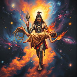 A dramatic painting depicting Lord Shiva walking with solemnity as he carries the burning body of Mata Sati in both hands across the universe