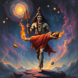 A dramatic painting depicting Lord Shiva walking with solemnity as he carries the burning body of Mata Sati in both hands across the universe