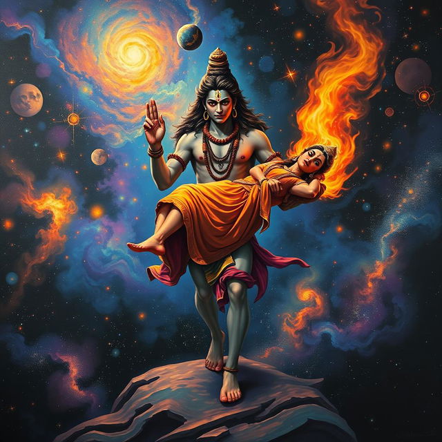 A dramatic painting depicting Lord Shiva walking with solemnity as he carries the burning body of Mata Sati in both hands across the universe