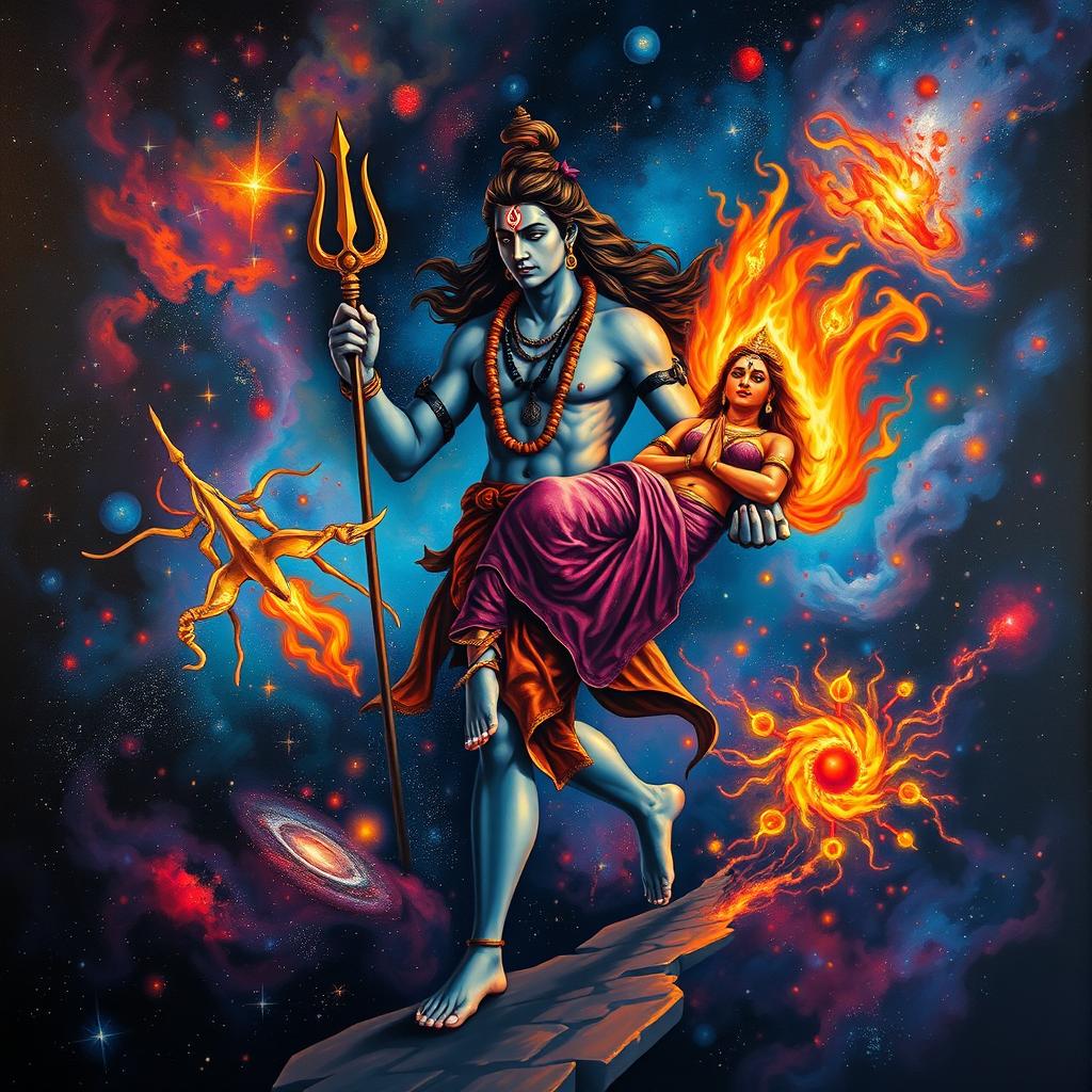 A dramatic painting depicting Lord Shiva walking with solemnity as he carries the burning body of Mata Sati in both hands across the universe