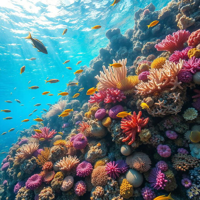 A stunning underwater coral reef scene filled with vibrant corals of various shapes and colors, teeming with colorful fish swimming gracefully among the corals