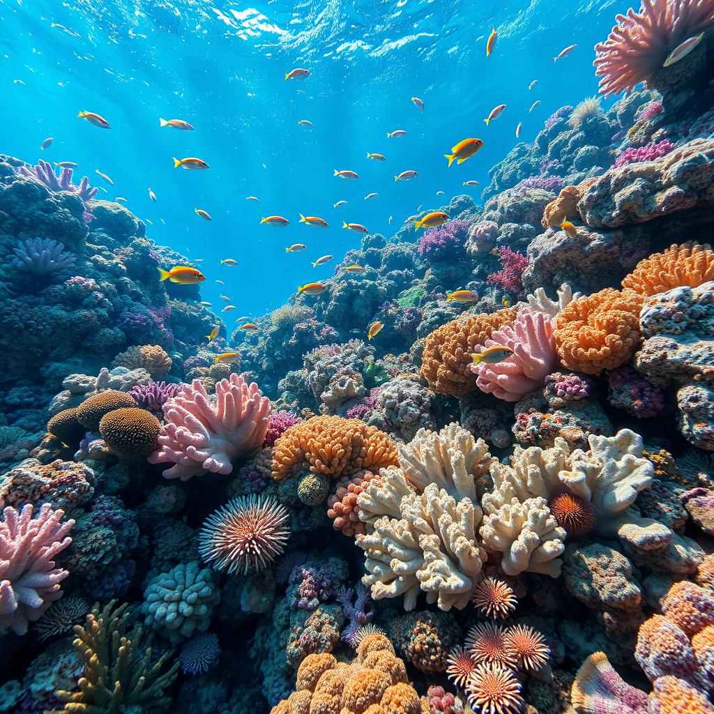 A stunning underwater coral reef scene filled with vibrant corals of various shapes and colors, teeming with colorful fish swimming gracefully among the corals