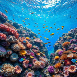 A stunning underwater coral reef scene filled with vibrant corals of various shapes and colors, teeming with colorful fish swimming gracefully among the corals