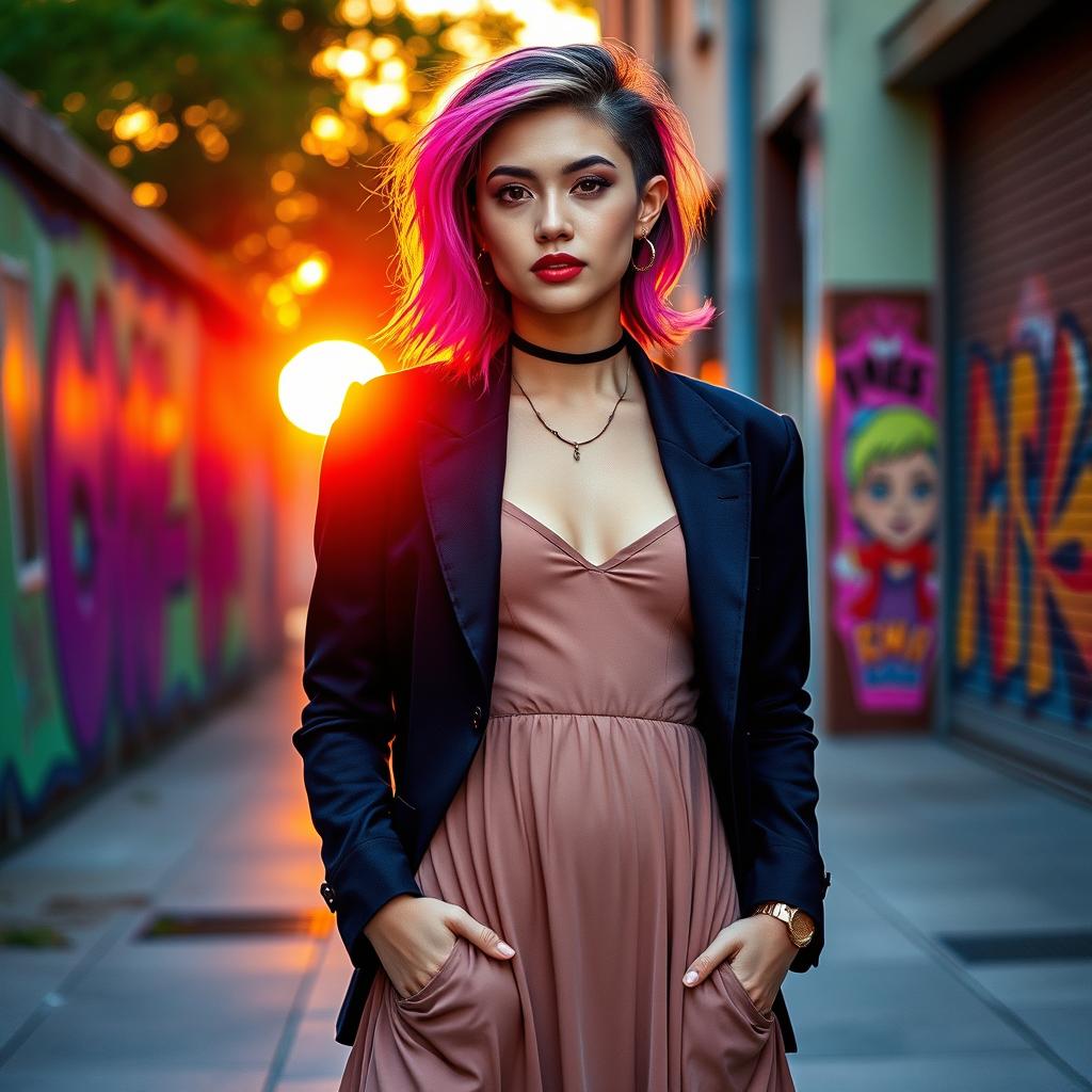 A visually striking portrayal of a young woman with an ambiguous gender expression, standing confidently in a vibrant urban environment