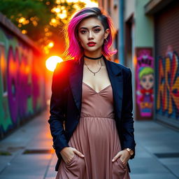 A visually striking portrayal of a young woman with an ambiguous gender expression, standing confidently in a vibrant urban environment