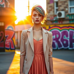A visually striking portrayal of a young woman with an ambiguous gender expression, standing confidently in a vibrant urban environment