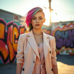 A visually striking portrayal of a young woman with an ambiguous gender expression, standing confidently in a vibrant urban environment