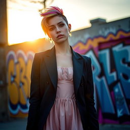 A visually striking portrayal of a young woman with an ambiguous gender expression, standing confidently in a vibrant urban environment