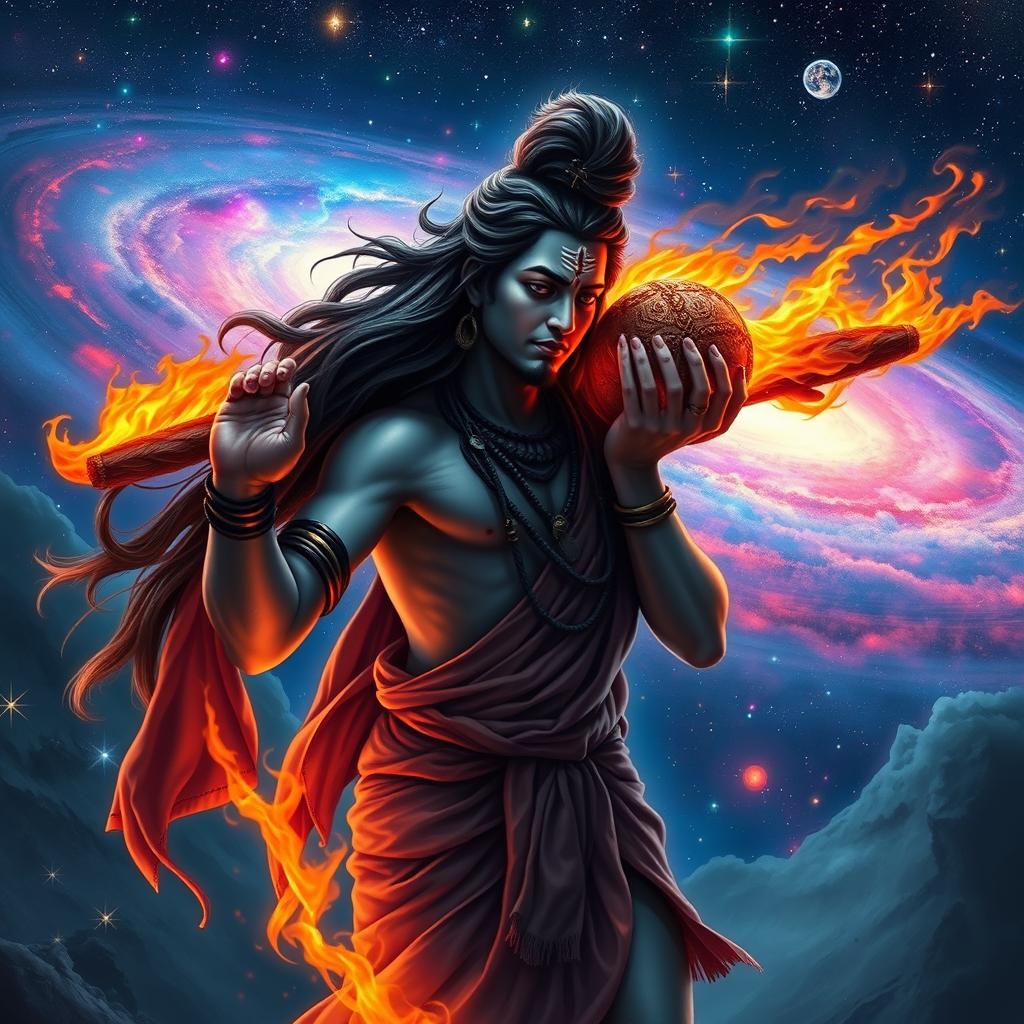 Lord Shiva, adorned in traditional attire, carrying the flaming body of Mata Sati over his shoulders, traversing a cosmic landscape filled with vibrant stars and swirling galaxies