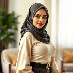A beautiful woman wearing a stylish hijab, showcasing her elegant and voluptuous figure, with an emphasis on her curvaceous body and prominent breasts