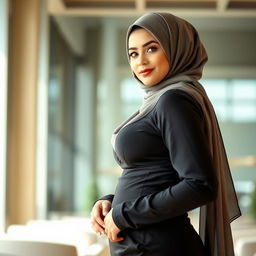A beautiful woman wearing a stylish hijab, showcasing her elegant and voluptuous figure, with an emphasis on her curvaceous body and prominent breasts