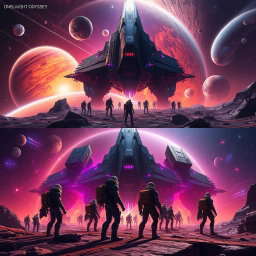 A visually captivating sci-fi concept titled 'Onslaught Odyssey', showcasing an epic journey through space filled with stunning celestial bodies, alien landscapes, and futuristic spacecraft