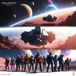 A visually captivating sci-fi concept titled 'Onslaught Odyssey', showcasing an epic journey through space filled with stunning celestial bodies, alien landscapes, and futuristic spacecraft