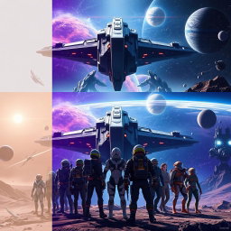 A visually captivating sci-fi concept titled 'Onslaught Odyssey', showcasing an epic journey through space filled with stunning celestial bodies, alien landscapes, and futuristic spacecraft