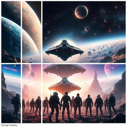 A visually captivating sci-fi concept titled 'Onslaught Odyssey', showcasing an epic journey through space filled with stunning celestial bodies, alien landscapes, and futuristic spacecraft