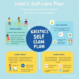 Infographic illustrating a self-care plan tailored for college students, entitled "Kristel's Self-care Plan"
