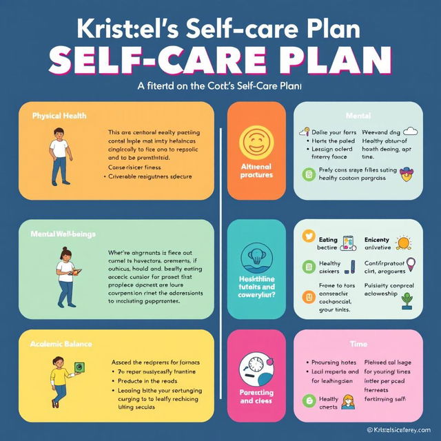 Infographic illustrating a self-care plan tailored for college students, entitled "Kristel's Self-care Plan"